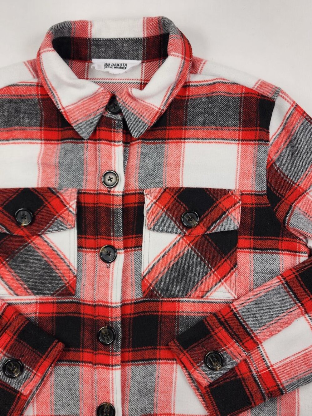BB Dakota Steve Madden Womens Large Red Black Plaid Boxy Button Front Shacket EX